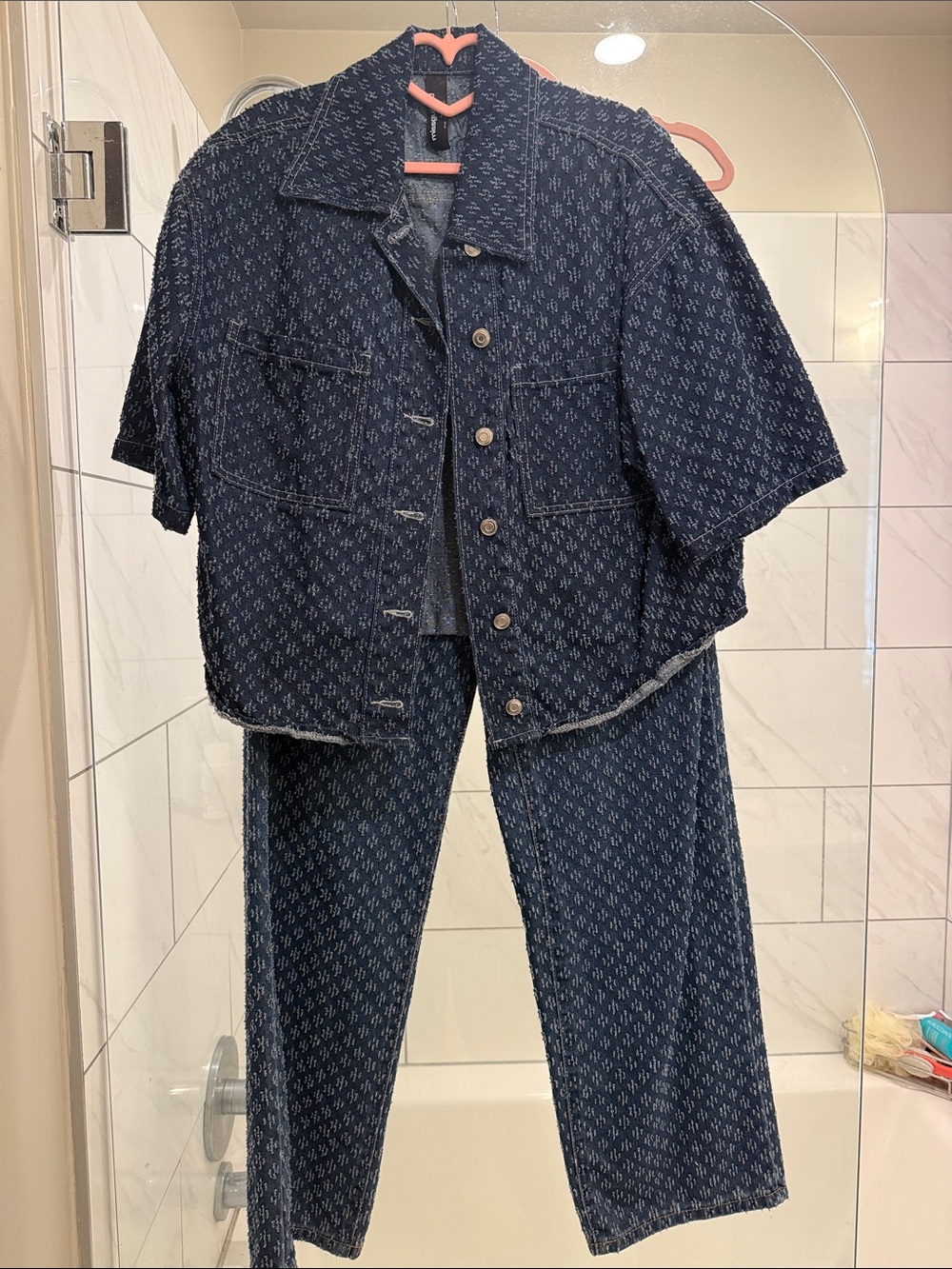 Missguided Navy Monogram Denim Two-Piece Set